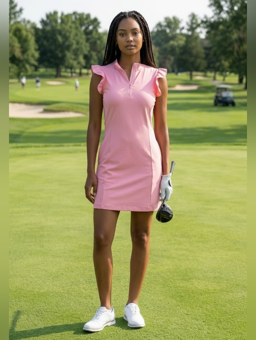 Byrdie Golf Pink Ruffle Cap Sleeve Quarter Zip Sporty Athletic Dress
